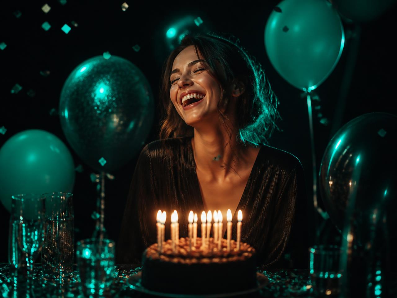 A joyful birthday celebration with candles, balloons and confetti